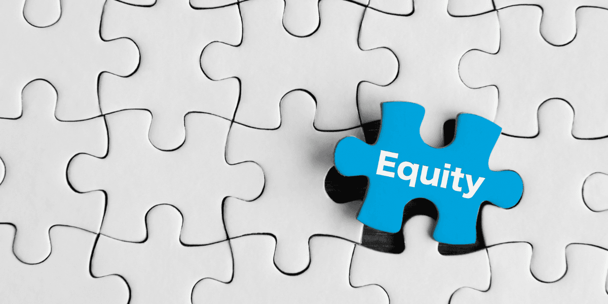 A blue puzzle piece labeled "Equity" fitting into a white puzzle background