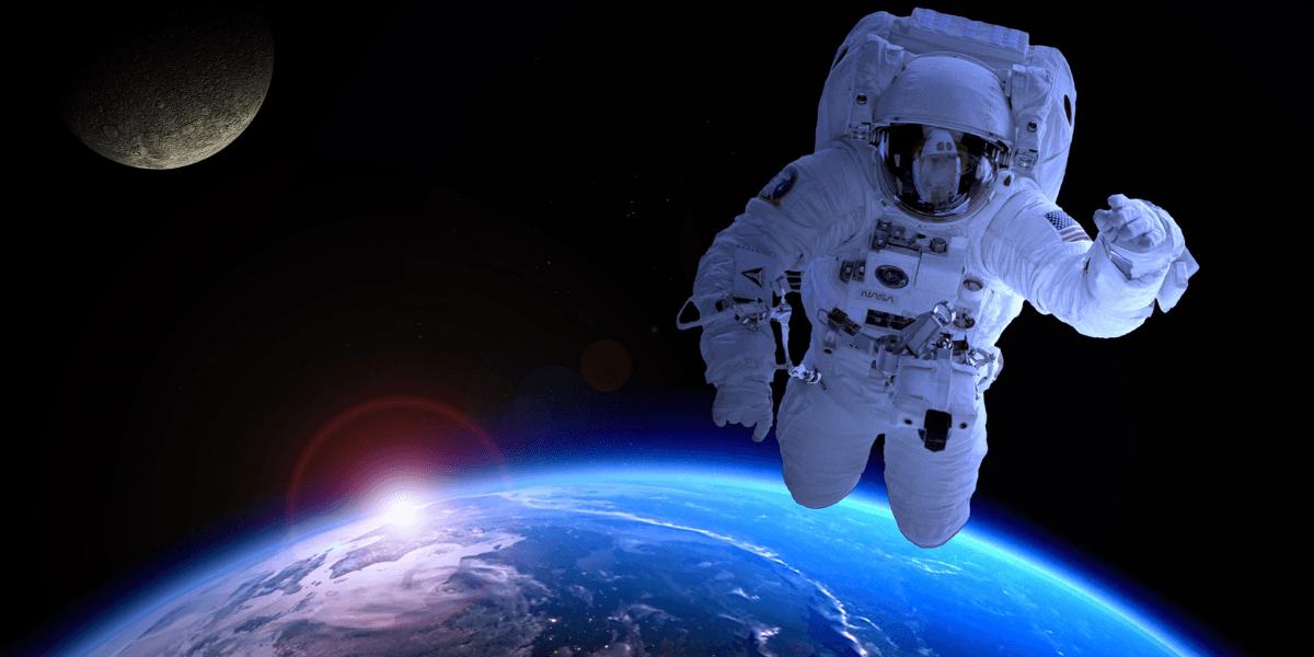Astronaut floating in space above Earth with the Moon in the background