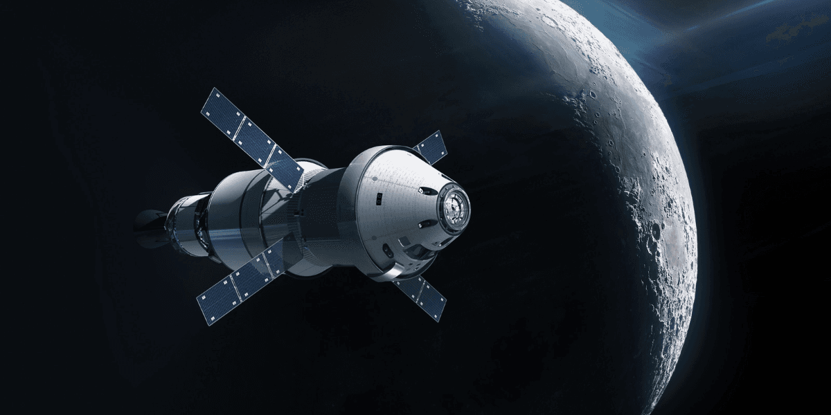 A spacecraft orbits a moon, displaying solar panels and a sleek design