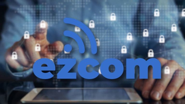 A person interacts with a tablet, touching virtual lock icons on a digital world map. The word "ezcom" is overlaid in bold blue text, conveying connectivity.