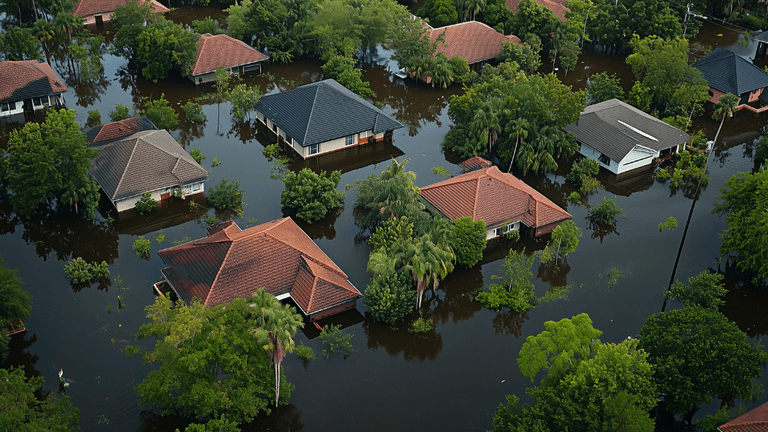 Aerial view of flooded residential neighborhood with homes surrounded by rising floodwaters.