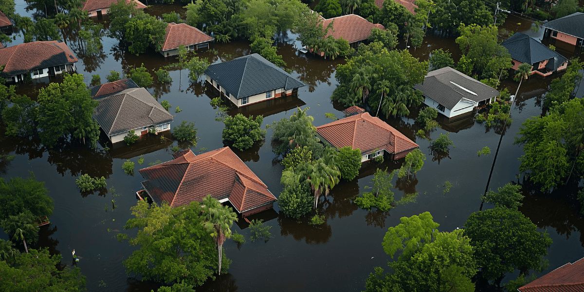 Aerial view of flooded residential neighborhood with homes surrounded by rising floodwaters.