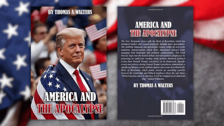 Book cover of *America and the Apocalypse* featuring Donald Trump, promoting crisis prevention through Gold Cross of America.