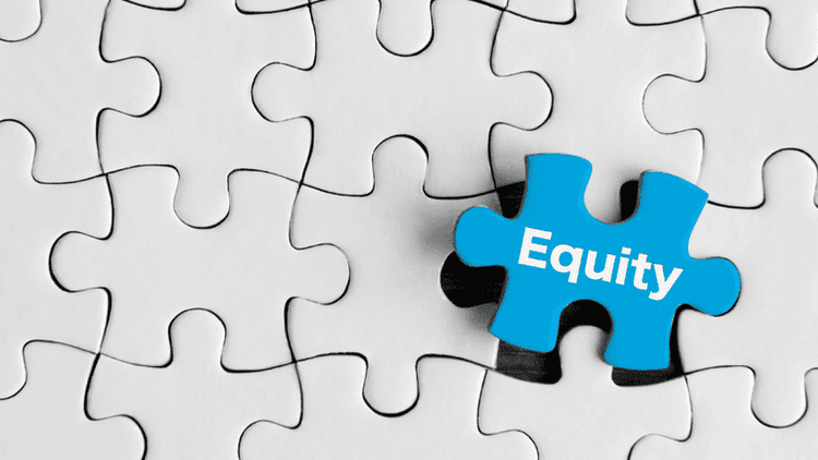 A blue puzzle piece labeled "Equity" fitting into a white puzzle background