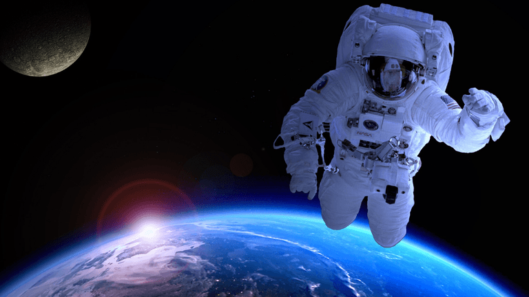 Astronaut floating in space above Earth with the Moon in the background