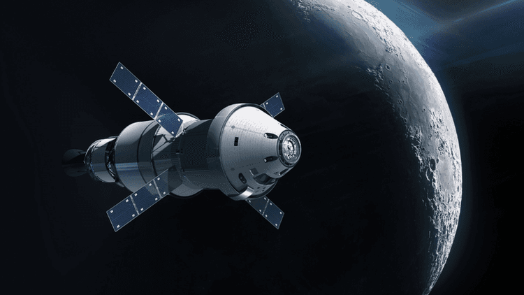 A spacecraft orbits a moon, displaying solar panels and a sleek design