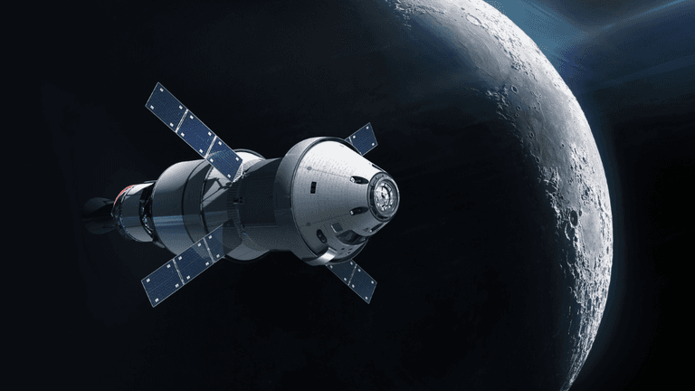 A spacecraft orbits a moon, displaying solar panels and a sleek design
