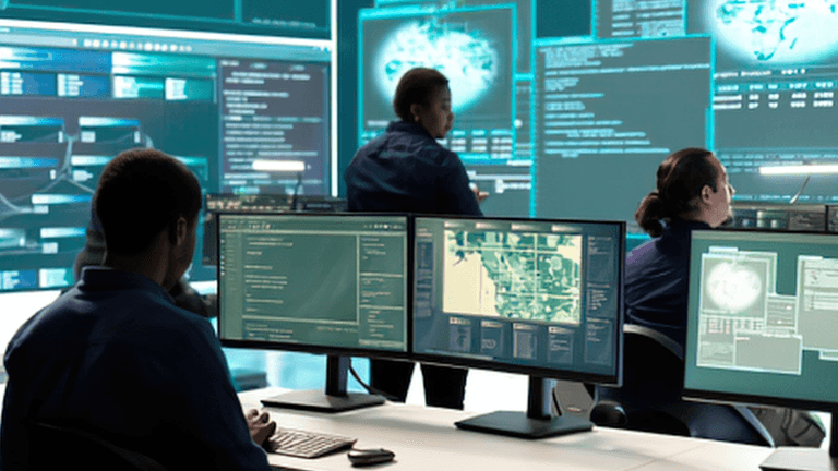 People working at computer stations with multiple screens displaying data and analytics