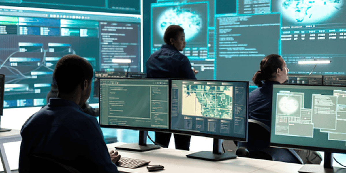 People working at computer stations with multiple screens displaying data and analytics