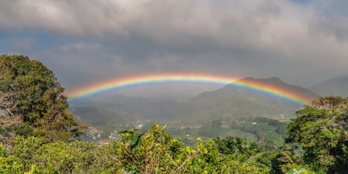 Panoramic view of a rainbow arching over the lush green hills and valleys of Panama, with vibrant trees and a cloudy sky in the background, showcasing the natural beauty and landscapes of Panama's highlands.”