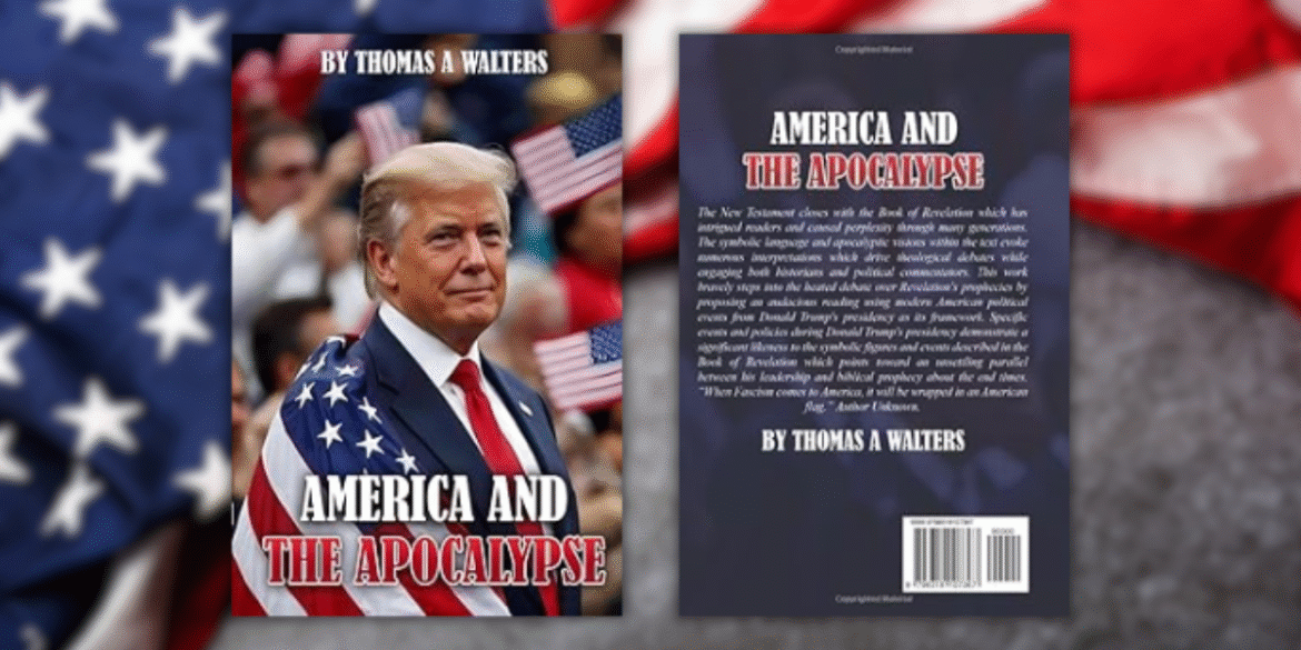 Book cover of *America and the Apocalypse* featuring Donald Trump, promoting crisis prevention through Gold Cross of America.
