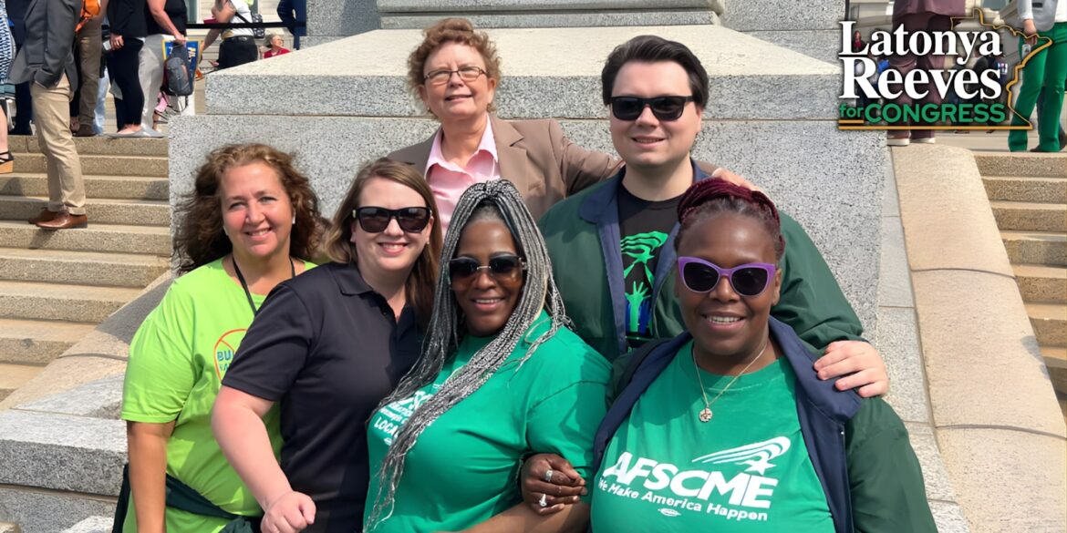 Latonya Reeves with supporters at a rally, advocating for transparency, justice, and community-focused leadership for Minnesota’s 5th District.